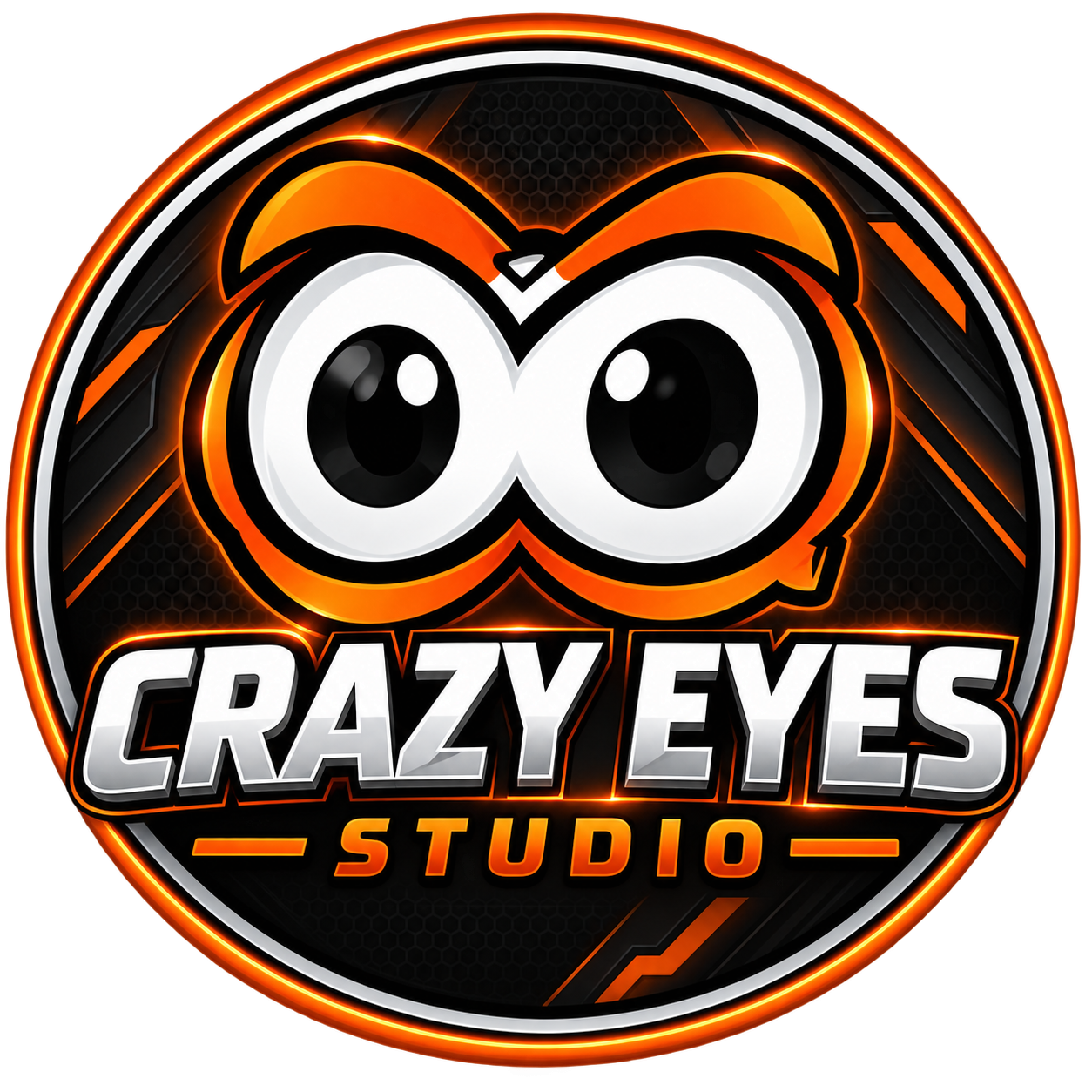 Crazy Eyes Studio workspace — 3D printer and design screens glowing electric blue and orange